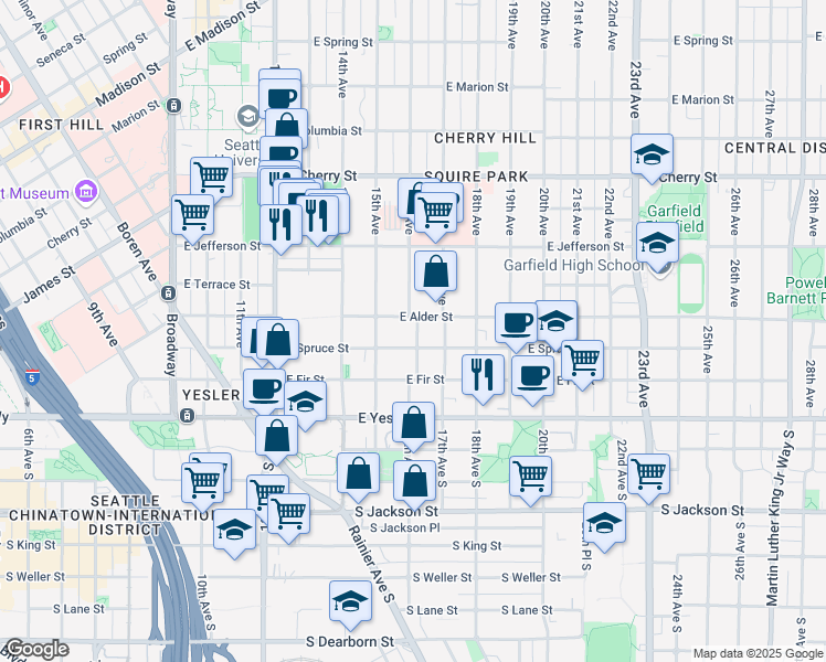 map of restaurants, bars, coffee shops, grocery stores, and more near 213 16th Avenue in Seattle