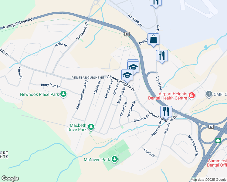 map of restaurants, bars, coffee shops, grocery stores, and more near 14 Otter Drive in St. John's