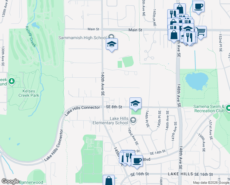 map of restaurants, bars, coffee shops, grocery stores, and more near 649 141st Court Southeast in Bellevue
