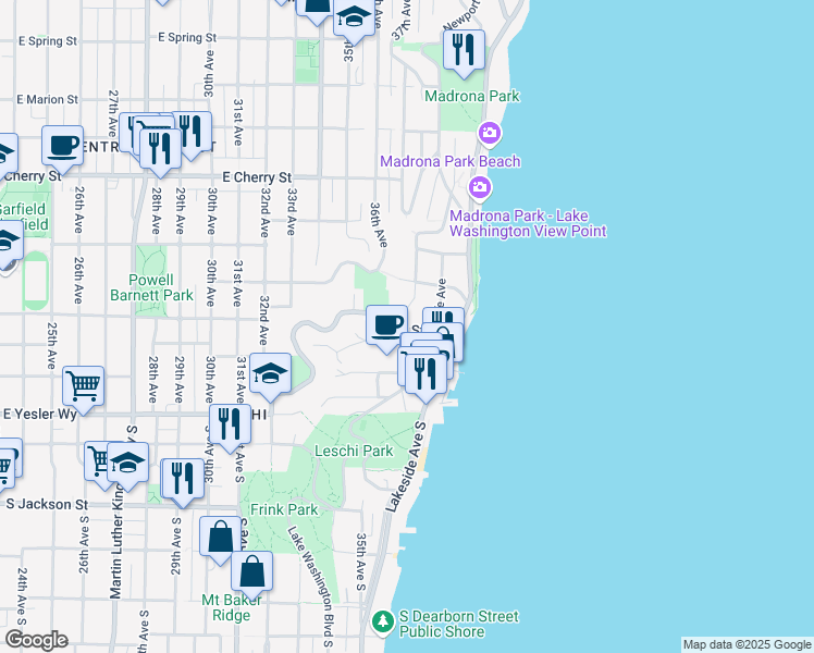 map of restaurants, bars, coffee shops, grocery stores, and more near 3702 East Alder Street in Seattle
