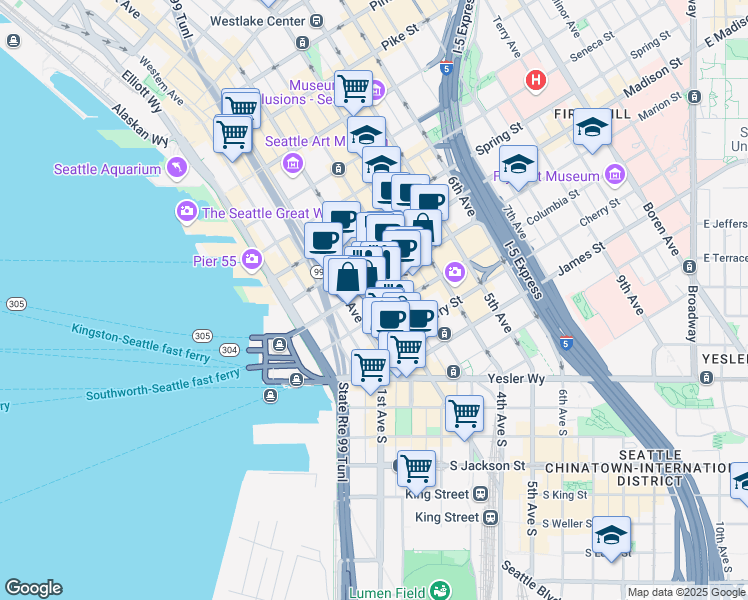 map of restaurants, bars, coffee shops, grocery stores, and more near 804 2nd Avenue in Seattle