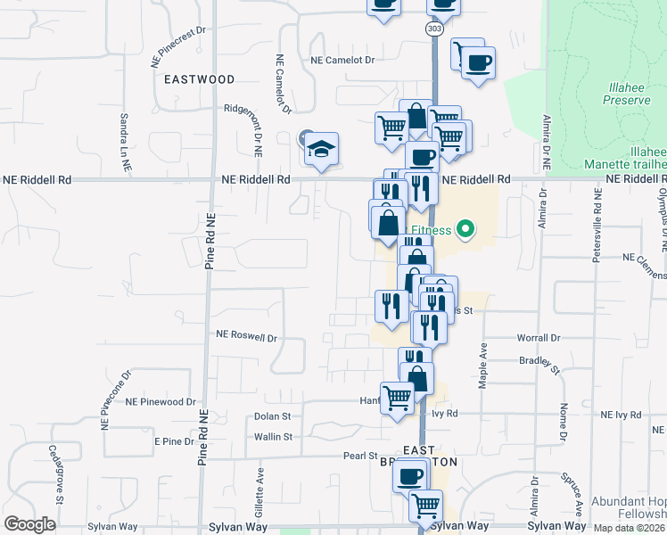 map of restaurants, bars, coffee shops, grocery stores, and more near 530 Northeast David Drive in Bremerton