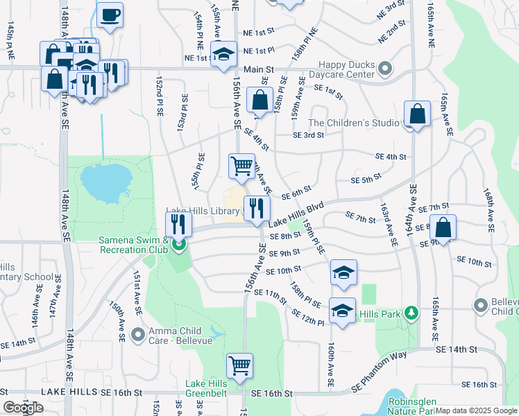 map of restaurants, bars, coffee shops, grocery stores, and more near 548 156th Avenue Southeast in Bellevue