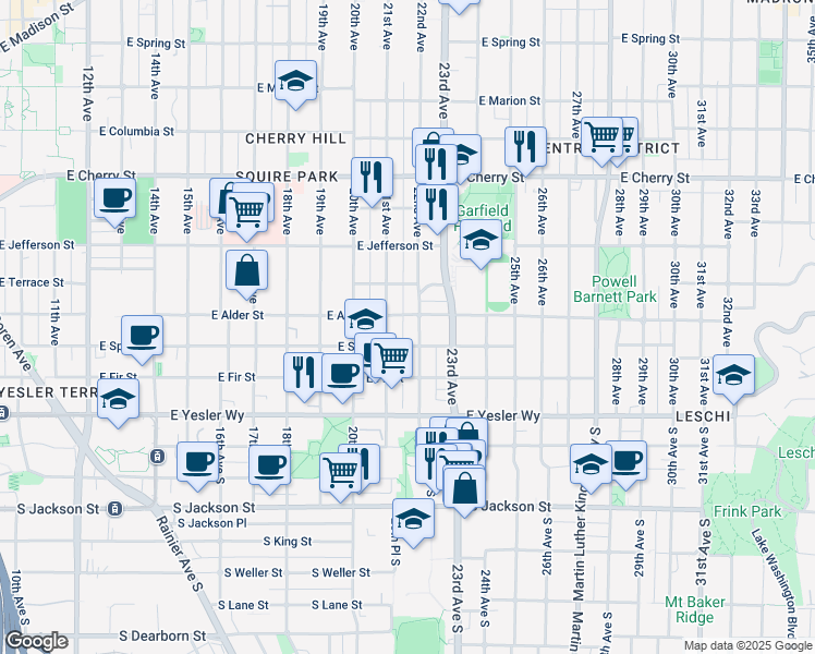 map of restaurants, bars, coffee shops, grocery stores, and more near 213 22nd Avenue in Seattle