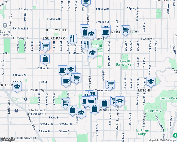 map of restaurants, bars, coffee shops, grocery stores, and more near 217 23rd Avenue in Seattle