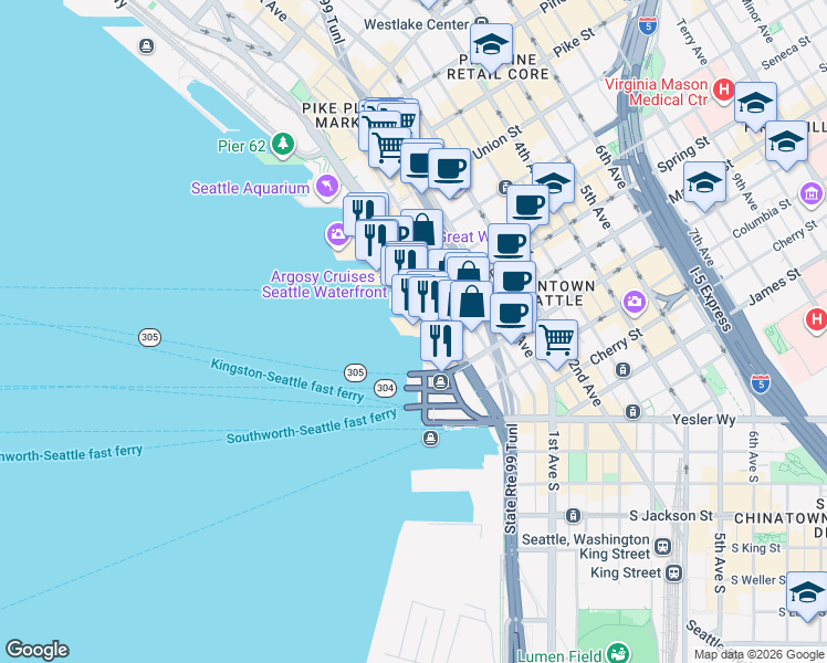 map of restaurants, bars, coffee shops, grocery stores, and more near 1001 Alaskan Way in Seattle