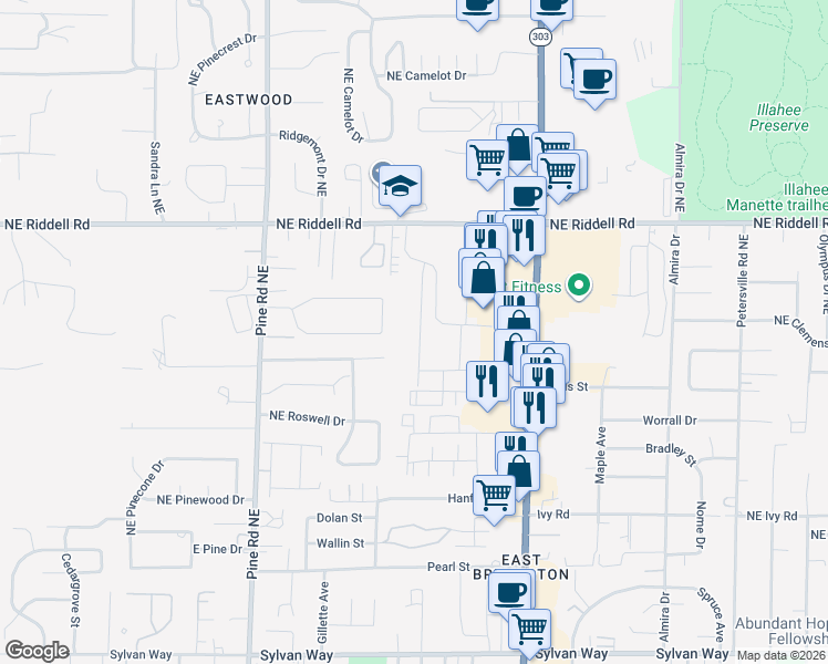 map of restaurants, bars, coffee shops, grocery stores, and more near 530 Northeast David Drive in Bremerton