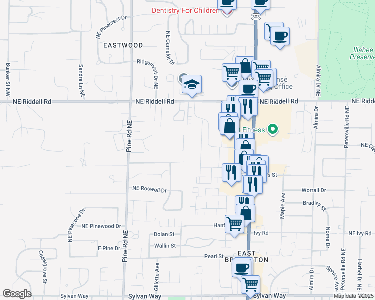 map of restaurants, bars, coffee shops, grocery stores, and more near 530 Northeast David Drive in Bremerton