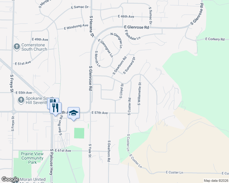 map of restaurants, bars, coffee shops, grocery stores, and more near 5419 South Dearborn Road in Spokane