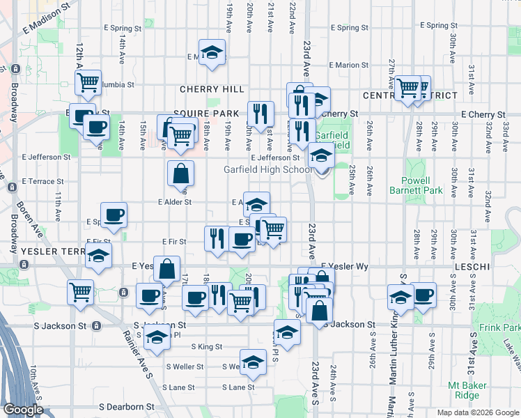 map of restaurants, bars, coffee shops, grocery stores, and more near 215 21st Avenue in Seattle