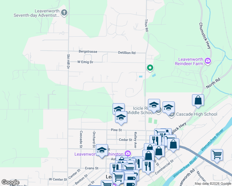 map of restaurants, bars, coffee shops, grocery stores, and more near 12275 Village View Drive in Leavenworth