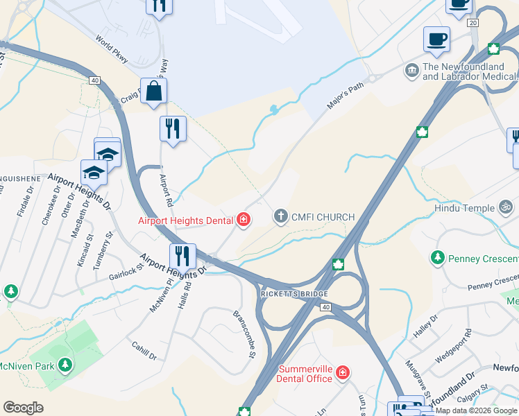 map of restaurants, bars, coffee shops, grocery stores, and more near 219 Major's Path in St. John's