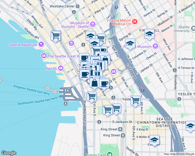 map of restaurants, bars, coffee shops, grocery stores, and more near 804 2nd Avenue in Seattle