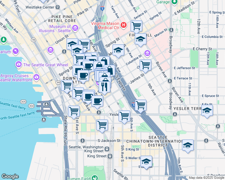 map of restaurants, bars, coffee shops, grocery stores, and more near 600 5th Avenue in Seattle