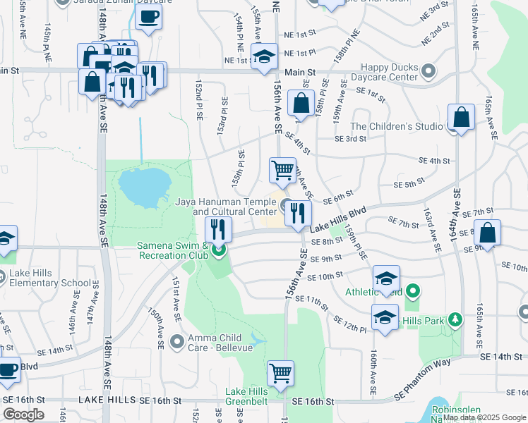 map of restaurants, bars, coffee shops, grocery stores, and more near 15510 Southeast 5th Court in Bellevue