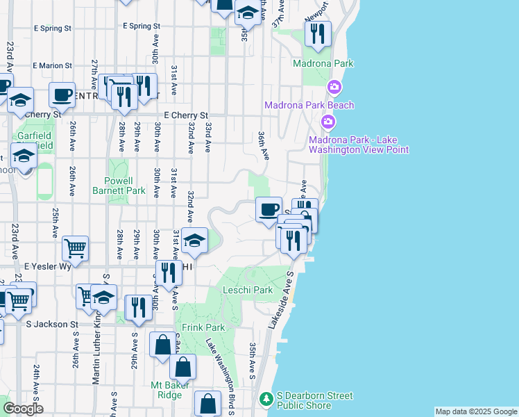 map of restaurants, bars, coffee shops, grocery stores, and more near 3521 East Alder Street in Seattle
