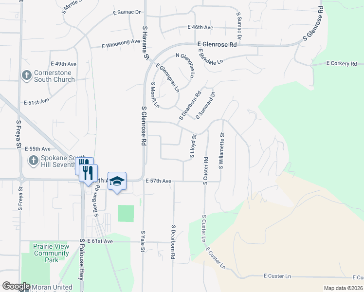 map of restaurants, bars, coffee shops, grocery stores, and more near 5419 South Dearborn Road in Spokane