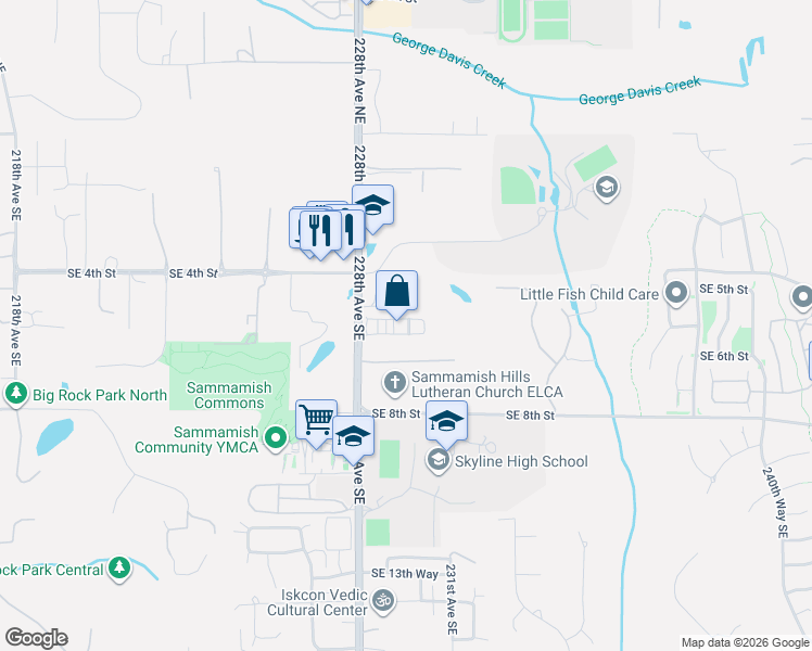 map of restaurants, bars, coffee shops, grocery stores, and more near 537 Glacier Walk Southeast in Sammamish