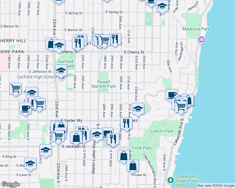map of restaurants, bars, coffee shops, grocery stores, and more near 3001 East Alder Street in Seattle