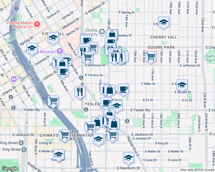 map of restaurants, bars, coffee shops, grocery stores, and more near 1100 East Alder Street in Seattle