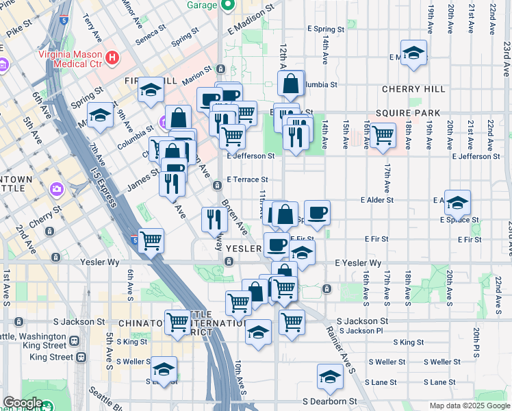 map of restaurants, bars, coffee shops, grocery stores, and more near 214 10th Avenue in Seattle