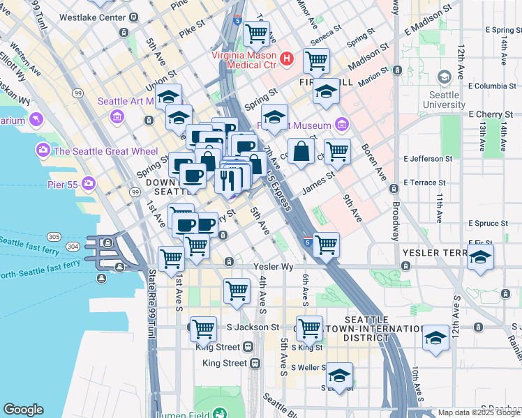 map of restaurants, bars, coffee shops, grocery stores, and more near in Seattle