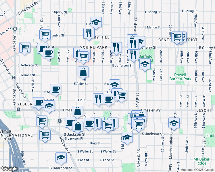 map of restaurants, bars, coffee shops, grocery stores, and more near 1913 East Alder Street in Seattle