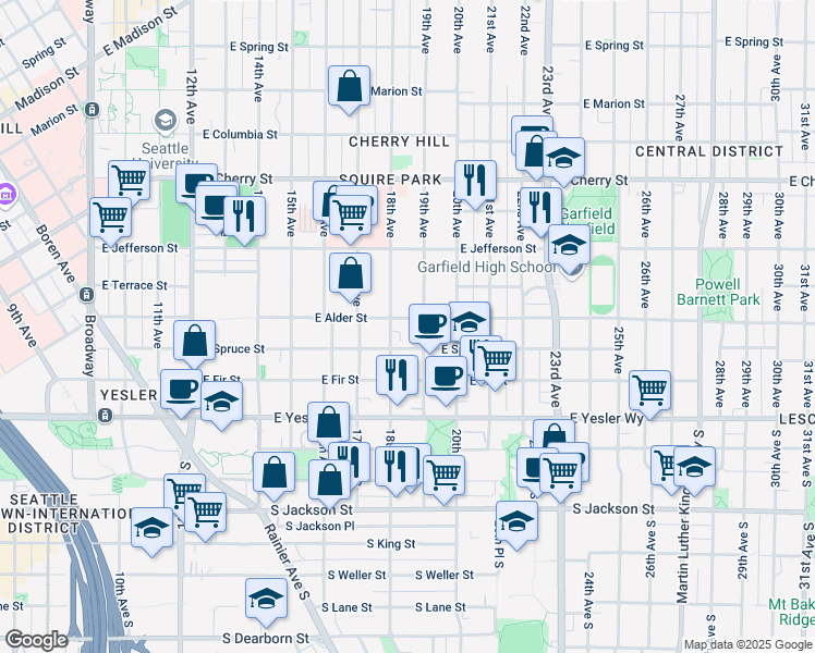 map of restaurants, bars, coffee shops, grocery stores, and more near 1815 East Alder Street in Seattle