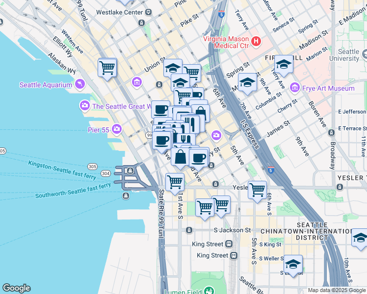 map of restaurants, bars, coffee shops, grocery stores, and more near 804 2nd Avenue in Seattle