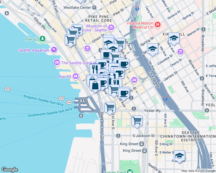 map of restaurants, bars, coffee shops, grocery stores, and more near 815 1st Avenue in Seattle