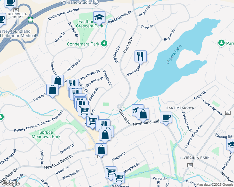 map of restaurants, bars, coffee shops, grocery stores, and more near 11 Hampshire Place in St. John's