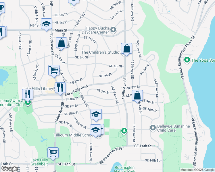 map of restaurants, bars, coffee shops, grocery stores, and more near 16239 Lake Hills Boulevard in Bellevue