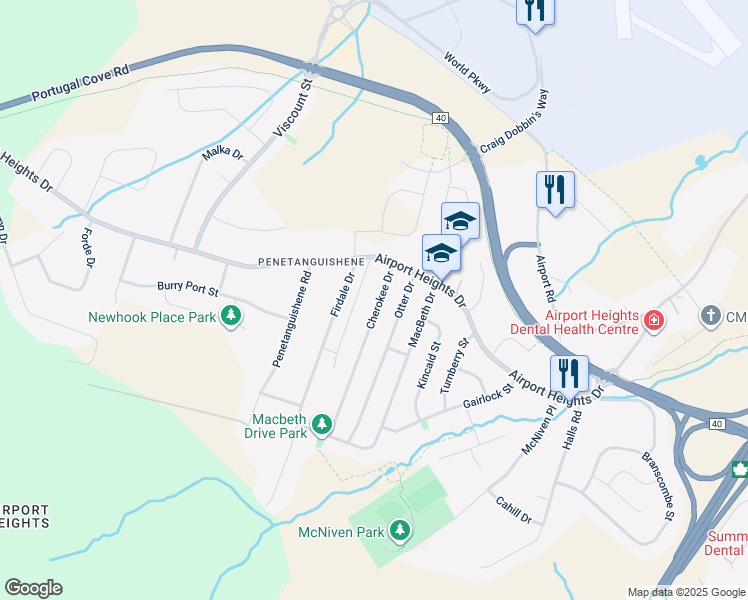 map of restaurants, bars, coffee shops, grocery stores, and more near 18 Cherokee Drive in St. John's