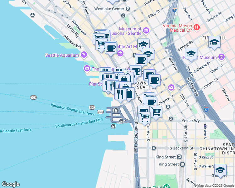 map of restaurants, bars, coffee shops, grocery stores, and more near 81 Elliot Bay Trail in Seattle