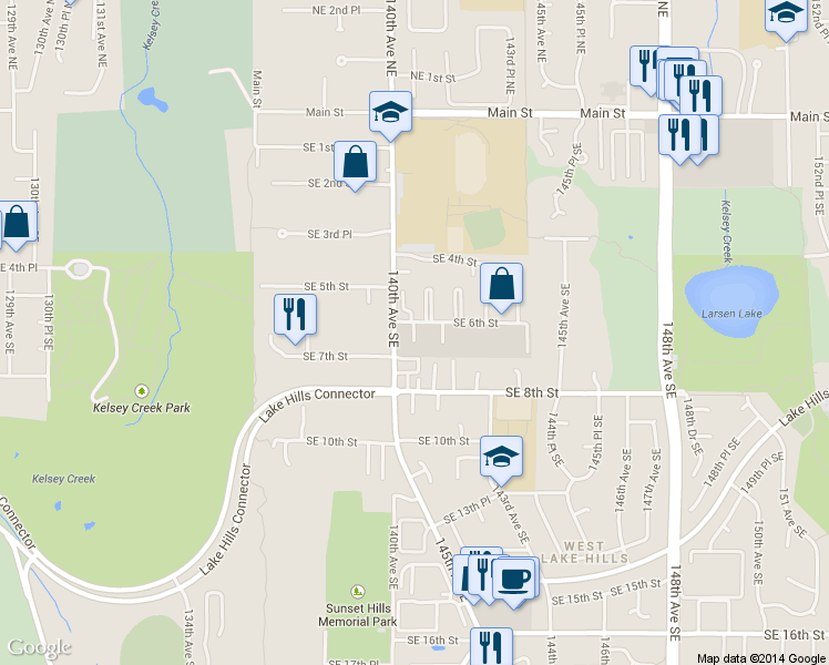 map of restaurants, bars, coffee shops, grocery stores, and more near 640 140th Ct SE in Bellevue