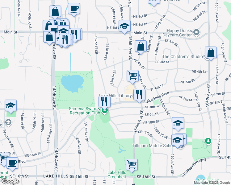map of restaurants, bars, coffee shops, grocery stores, and more near 15424 Southeast 7th Place in Bellevue