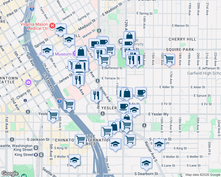 map of restaurants, bars, coffee shops, grocery stores, and more near 214 10th Avenue in Seattle