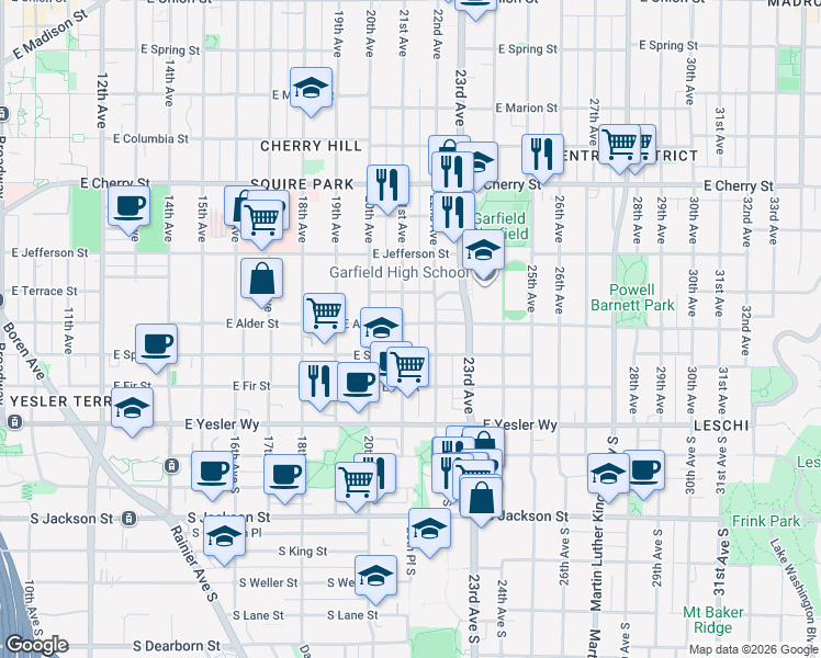 map of restaurants, bars, coffee shops, grocery stores, and more near 213 22nd Avenue in Seattle