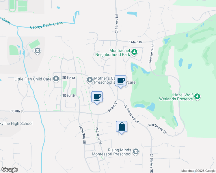 map of restaurants, bars, coffee shops, grocery stores, and more near 454 243rd Place Southeast in Sammamish