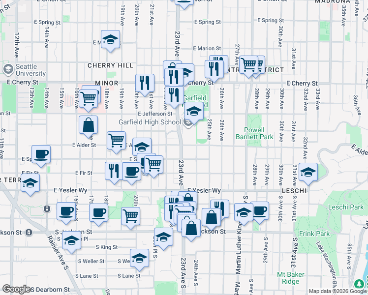 map of restaurants, bars, coffee shops, grocery stores, and more near 217 23rd Avenue in Seattle