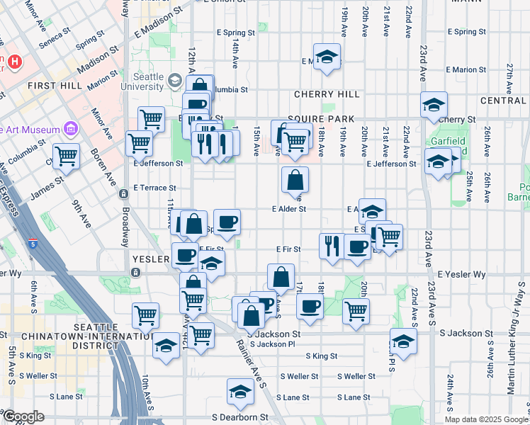 map of restaurants, bars, coffee shops, grocery stores, and more near 211B 15th Avenue in Seattle