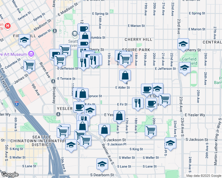 map of restaurants, bars, coffee shops, grocery stores, and more near 211B 15th Avenue in Seattle