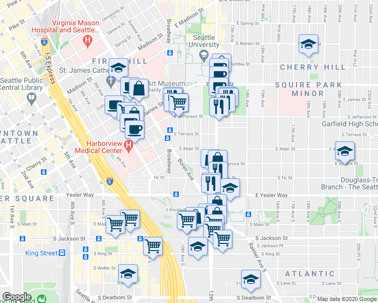 map of restaurants, bars, coffee shops, grocery stores, and more near 214 10th Avenue in Seattle