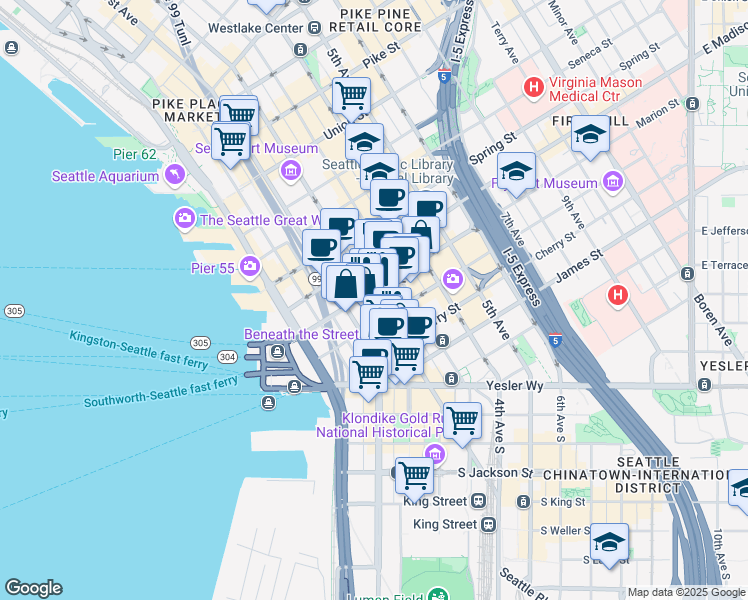 map of restaurants, bars, coffee shops, grocery stores, and more near 804 2nd Avenue in Seattle