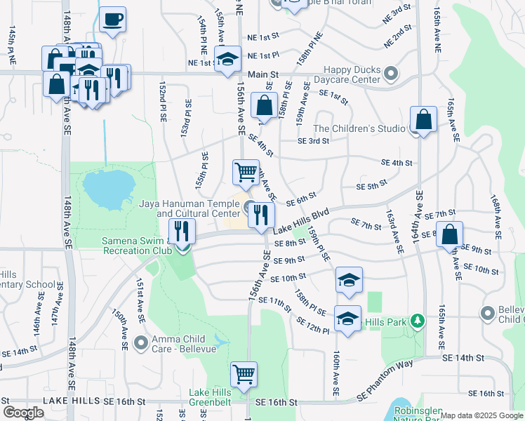 map of restaurants, bars, coffee shops, grocery stores, and more near 546 156th Avenue Southeast in Bellevue