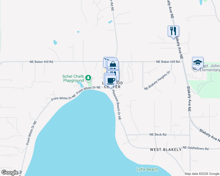 map of restaurants, bars, coffee shops, grocery stores, and more near 4569 Lynwood Center Road Northeast in Bainbridge Island