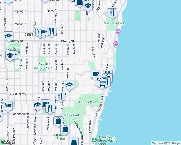 map of restaurants, bars, coffee shops, grocery stores, and more near 3517 East Alder Street in Seattle