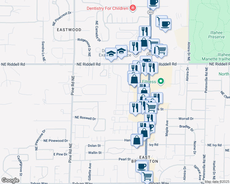 map of restaurants, bars, coffee shops, grocery stores, and more near 530 Northeast David Drive in Bremerton