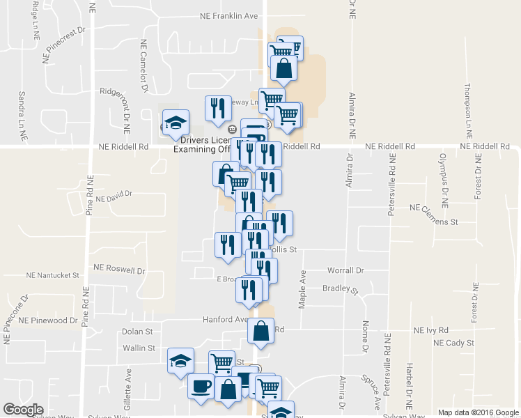 map of restaurants, bars, coffee shops, grocery stores, and more near 4212 Wheaton Way in Bremerton