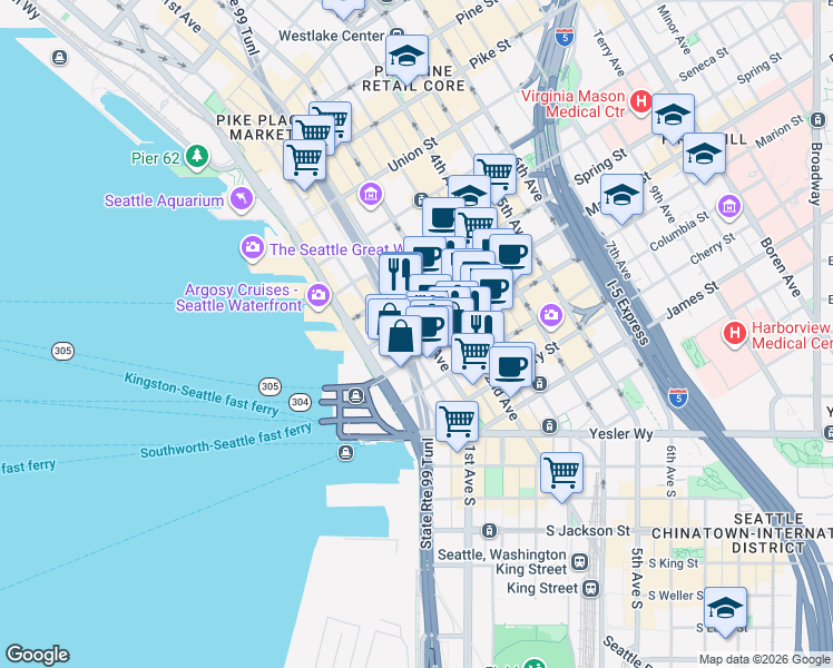 map of restaurants, bars, coffee shops, grocery stores, and more near 815 1st Avenue in Seattle